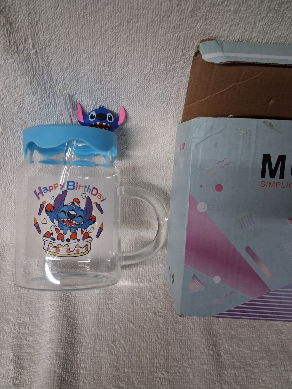 Happy Birthday Stitch Glass Mug with Lid